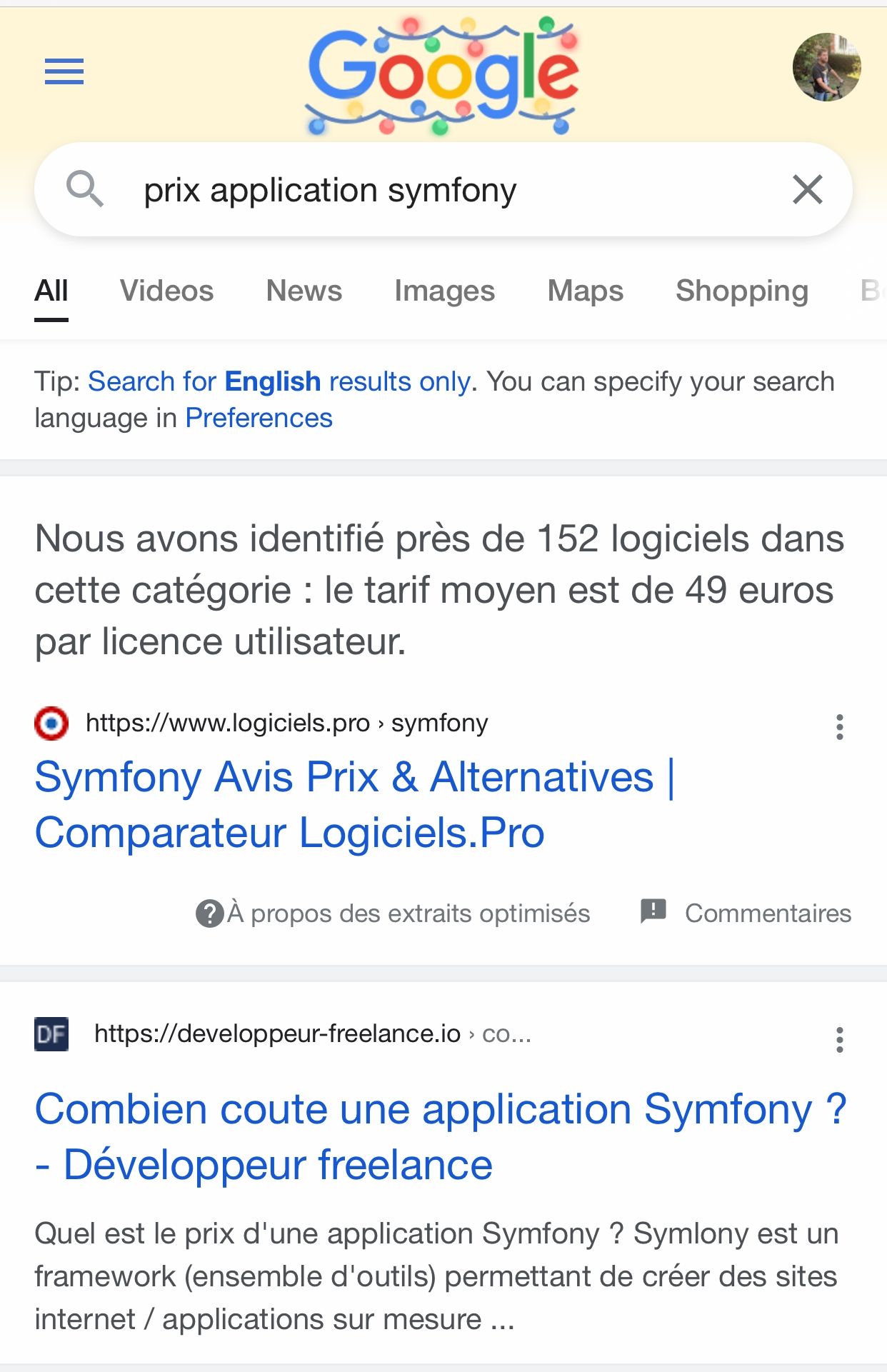 Recherche Google : Prix application Symfony