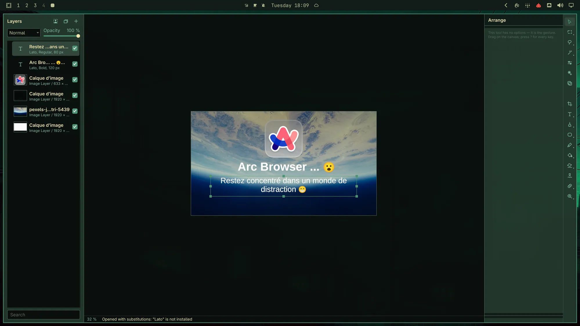 Omapixel, mon &eacute;diteur d'images pour Omarchy Linux, ouvrant un fichier PSD